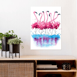 Plakat Akwarelowe stado flamingów na białym tle