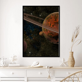 Plakat w ramie Czerwona planeta z pierścieniami i dwoma księżycami