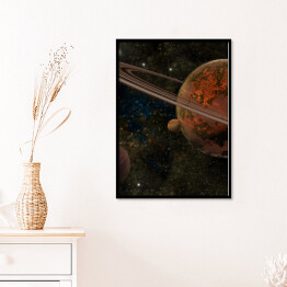 Plakat w ramie Czerwona planeta z pierścieniami i dwoma księżycami