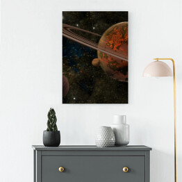 Obraz na płótnie Czerwona planeta z pierścieniami i dwoma księżycami