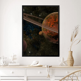 Obraz w ramie Czerwona planeta z pierścieniami i dwoma księżycami