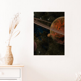 Plakat samoprzylepny Czerwona planeta z pierścieniami i dwoma księżycami