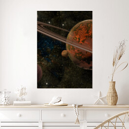 Plakat Czerwona planeta z pierścieniami i dwoma księżycami