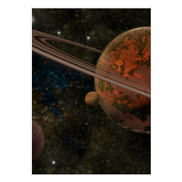 Czerwona planeta z pierścieniami i dwoma księżycami