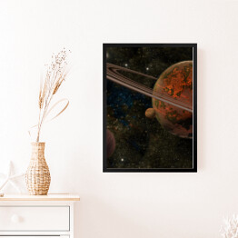 Obraz w ramie Czerwona planeta z pierścieniami i dwoma księżycami