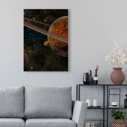 Obraz na płótnie Czerwona planeta z pierścieniami i dwoma księżycami
