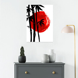 Plakat samoprzylepny Bambus na tle czerwonego słońca