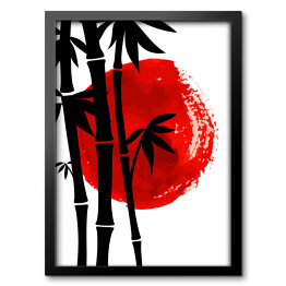 Obraz w ramie Bambus na tle czerwonego słońca