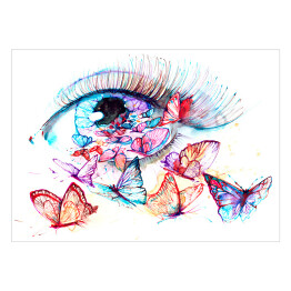 Oko w pastelowych barwach i tęczowe motyle