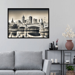 Plakat w ramie Melbourne, Victoria, Australia - panorama miasta w odcieniach szarości