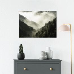 Plakat Wysoka góra porośnięta drzewami w mgle i chmurze