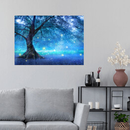 Plakat samoprzylepny Magiczne drzewo w magicznym błękitnym lesie