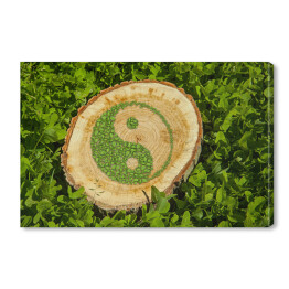 Drzewny znak na trawie z symbolem ying yang 