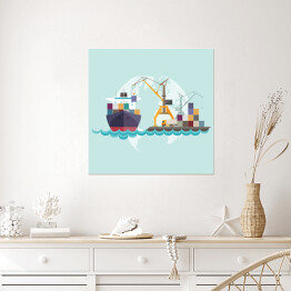 Plakat samoprzylepny Cargo port morski ze statkiem i żurawiami - ilustracja