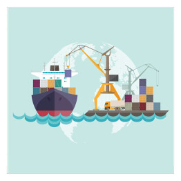 Plakat samoprzylepny Cargo port morski ze statkiem i żurawiami - ilustracja