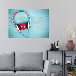 Plakat samoprzylepny Serce wsłuchujące się w muzykę na tle z niebieskiego drewna