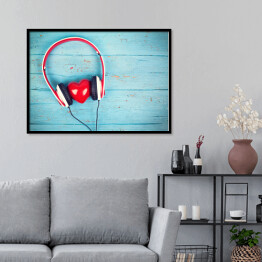 Plakat w ramie Serce wsłuchujące się w muzykę na tle z niebieskiego drewna