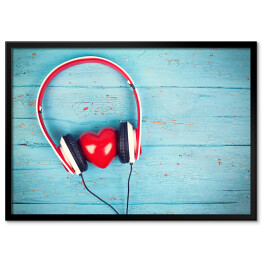 Plakat w ramie Serce wsłuchujące się w muzykę na tle z niebieskiego drewna