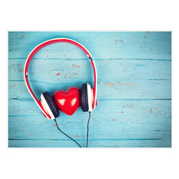 Plakat Serce wsłuchujące się w muzykę na tle z niebieskiego drewna