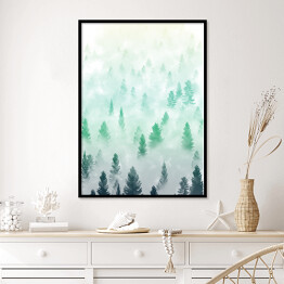 Plakat w ramie Mglisty błękitny krajobraz leśny