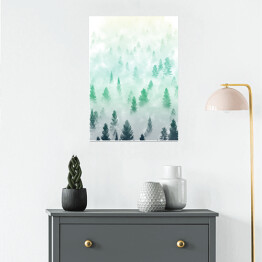Plakat Mglisty błękitny krajobraz leśny