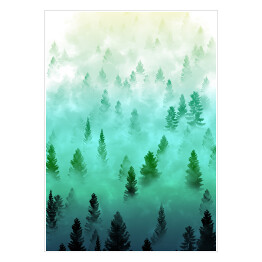 Plakat Mglisty zielony krajobraz leśny