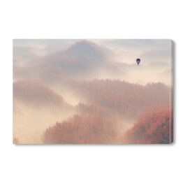 Obraz na płótnie Samotny balon lecący nad lasem spowitym mgłą
