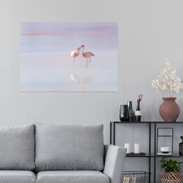 Plakat samoprzylepny Dwa flamingi spacerujące po wodzie