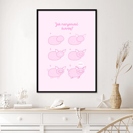 Plakat w ramie Ilustracja - różowa pastelowa świnka