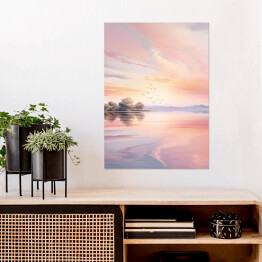 Plakat Różowy zachód słońca nad rzeką krajobraz