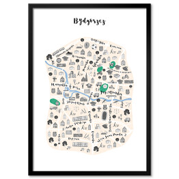 Obraz klasyczny Mapa Bydgoszczy z czarno białymi symbolami