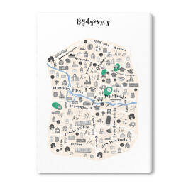 Obraz na płótnie Mapa Bydgoszczy z czarno białymi symbolami