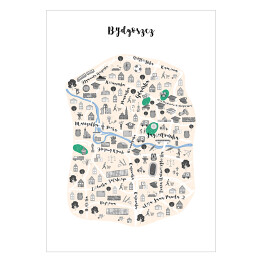 Plakat samoprzylepny Mapa Bydgoszczy z czarno białymi symbolami