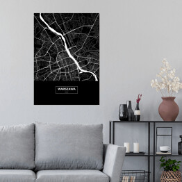 Plakat Mapa Warszawy czarno-biała z podpisem na czarnym tle