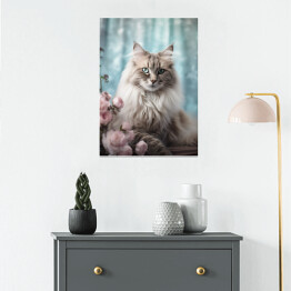 Plakat samoprzylepny Kot maine coon wśród kwiatów - portret zwierzaka