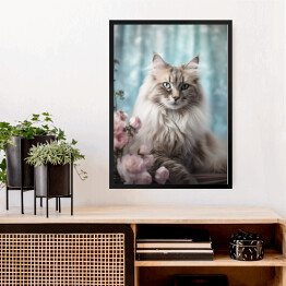 Obraz w ramie Kot maine coon wśród kwiatów - portret zwierzaka