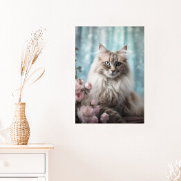 Plakat samoprzylepny Kot maine coon wśród kwiatów - portret zwierzaka
