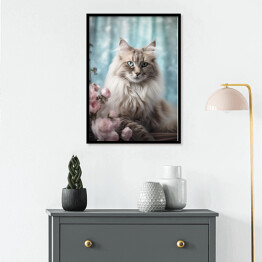 Plakat w ramie Kot maine coon wśród kwiatów - portret zwierzaka
