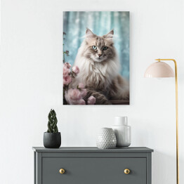 Obraz klasyczny Kot maine coon wśród kwiatów - portret zwierzaka