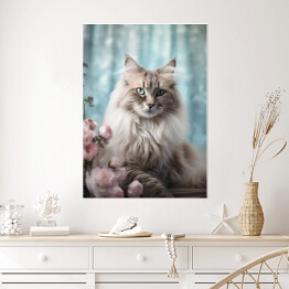Plakat Kot maine coon wśród kwiatów - portret zwierzaka