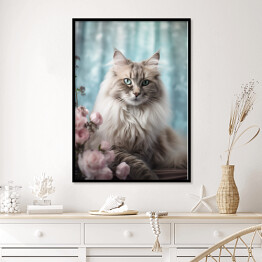 Plakat w ramie Kot maine coon wśród kwiatów - portret zwierzaka