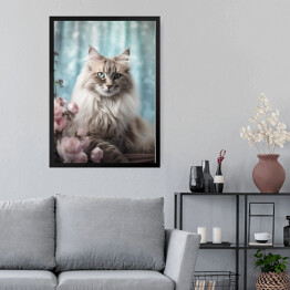 Obraz w ramie Kot maine coon wśród kwiatów - portret zwierzaka