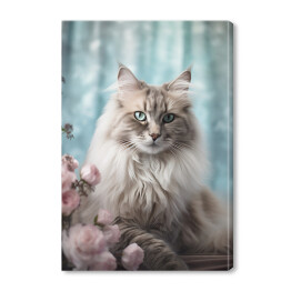 Obraz na płótnie Kot maine coon wśród kwiatów - portret zwierzaka