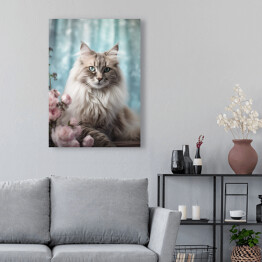 Obraz na płótnie Kot maine coon wśród kwiatów - portret zwierzaka