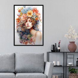Plakat w ramie Portret kobiecy. Kwiaty na głowie