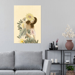Plakat Brunetka wśród kwiatów