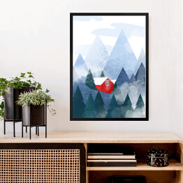 Obraz w ramie Czerwony domek w górach - ilustracja