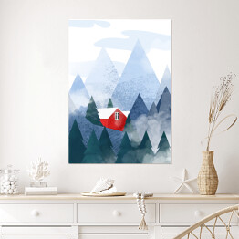 Plakat samoprzylepny Czerwony domek w górach - ilustracja