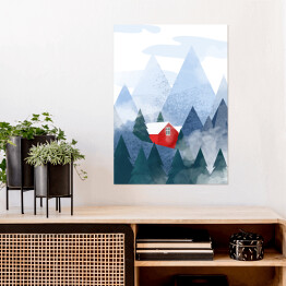 Plakat samoprzylepny Czerwony domek w górach - ilustracja