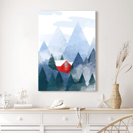 Obraz na płótnie Czerwony domek w górach - ilustracja